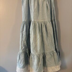 Vintage Kayo 70s Prairie Light Blue Denim Eyelet Lace White Skirt with Ruffles